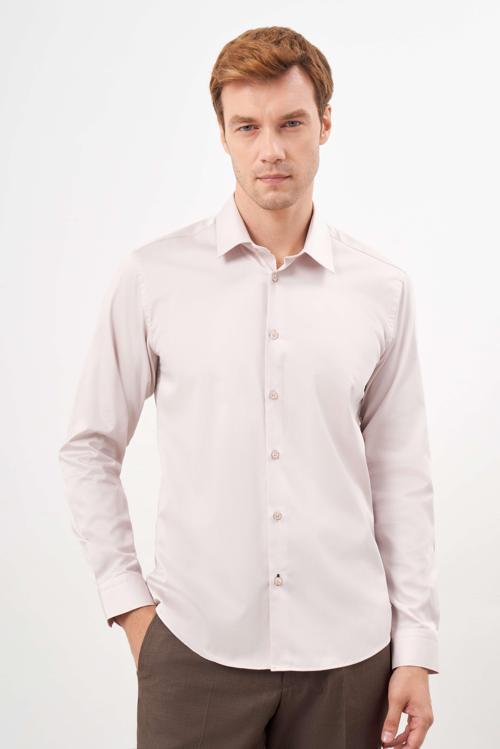  Erkek Bej Pamuk Düz Desen Sert Yaka Slim Fit  Gömlek