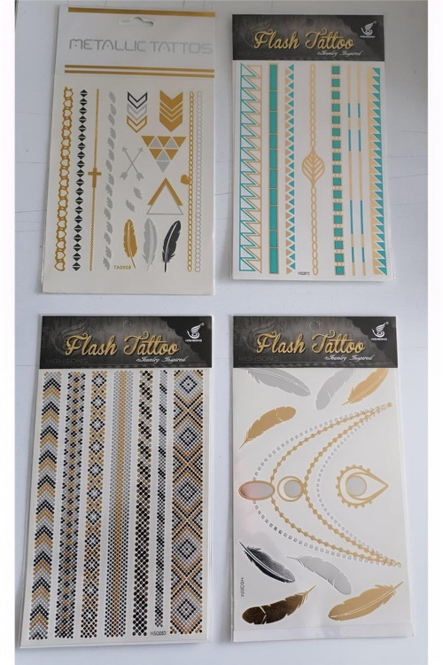 Flash Tattoos Altın Yaldızlı Geçici Dövme 4 Kartela Birden Model4
