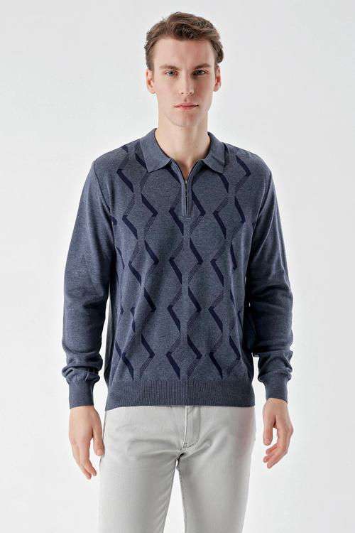 Erkek İndigo Trend Kilim Desen Fermuarlı Polo Yaka Dynamic Fit Rahat Kesim Triko