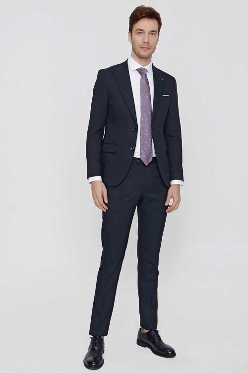  Erkek Lacivert Santos Jakarlı Slim Fit Dar Kesim Takım Elbise