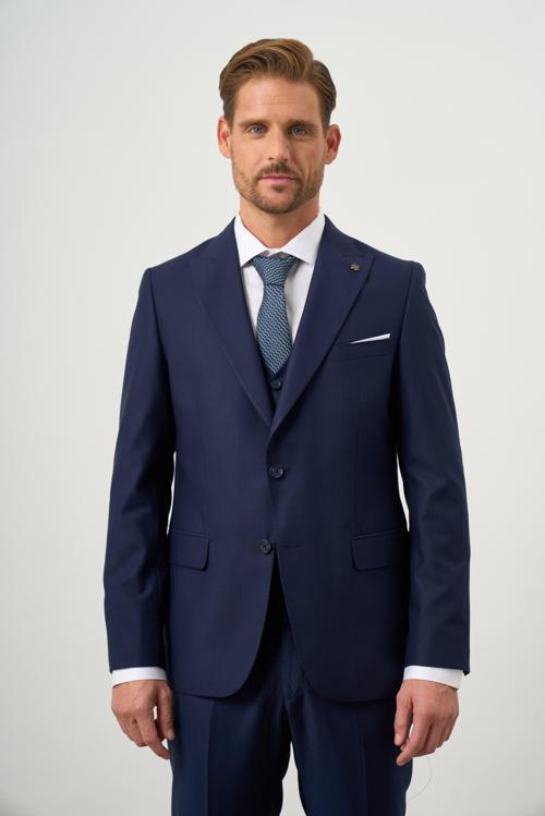  Erkek Lacivert Poliviskon Slim Fit Sivri Yaka Yelekli Takım Elbise