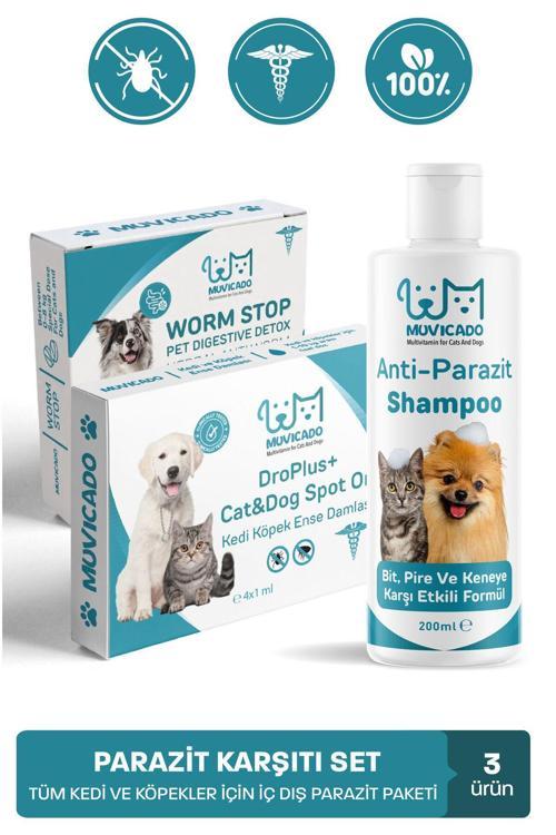 Kedi İç Ve Dış Parazit Seti Köpek İç Dış Anti Parazit Şampuan Tablet Damla Bit Pire Kene Karşıtı Set