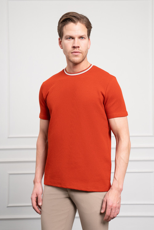 Erkek Kiremit Trend Bisiklet Yaka Dinamik Fit T-Shirt