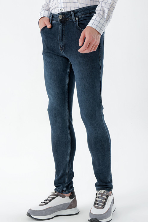 Erkek Lacivert Denim 5 Cep Slim Fit Jean Kot Pantolon