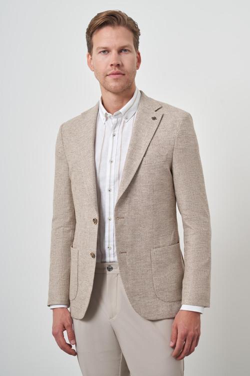 Erkek KAHVE Keten Dokuma Slim Fit Mono Yaka Ceket