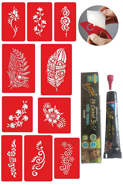 Çiçekli Desenler 1 Kına 10 Desen Kınayla Geçici Dövme Yapma Seti