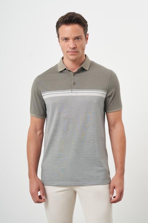  Erkek Haki Trend Çizgili Polo Yaka Dynamic Fit T-Shirt