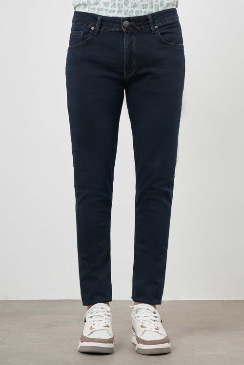 Erkek Lacivert - Kahve Denim 5 Cep Slim Fit Jean Kot Pantolon