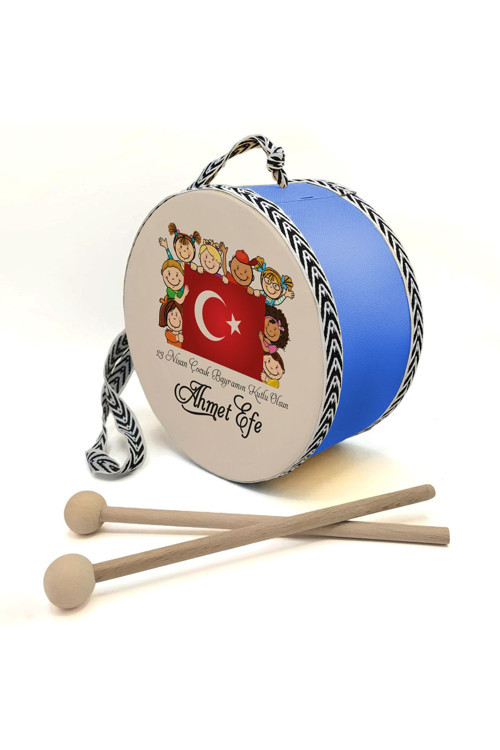 Bayraklı Çocuklu Mavi Gerçek Deri Çocuk Davulu