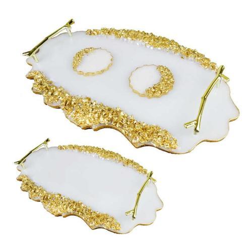 TEPSİ EPOKSİ TAŞLI OVAL DAMAT KAHVE SETİ ALTIN 2'Lİ