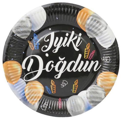 TABAK KARTON İYİKİ DOĞDUN BALONLU SİYAH 23 CM 8 ADET