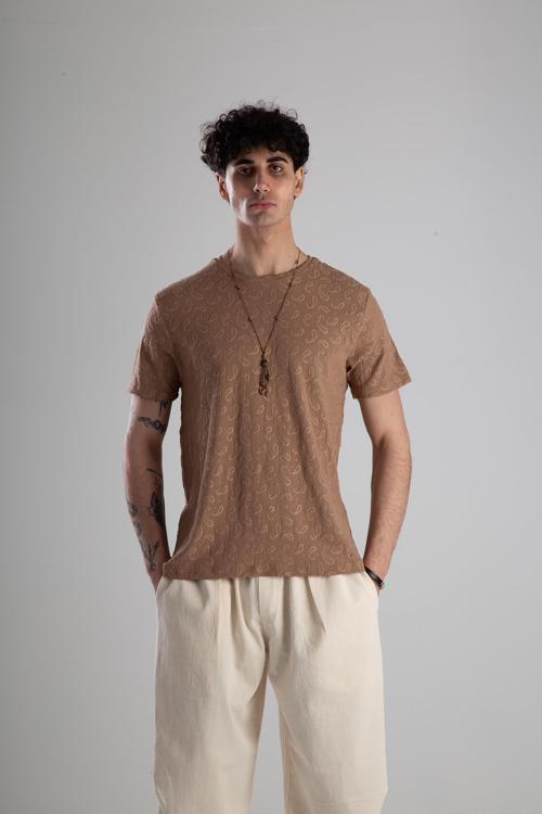 Jakarlı Kahve Örme T-Shirt