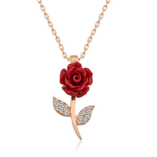 Gümüş Rose Kırmızı Gül Kolye