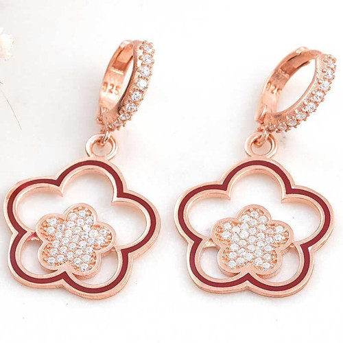 Gümüş Rose Sallantılı Çiçek Desenli Kadın Küpe