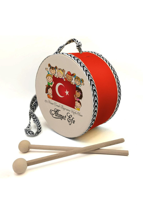Kişiye Özel 23 Nisan Temalı Deri Oyuncak Çocuk Davulu Kırmızı (1-5 Yaş)