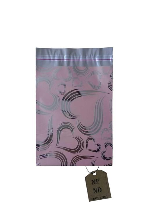 Hediye Poşeti Kendinden Bantlı Metalize Lüks Pratik Sağlam 12X17 Pembe Kalp Desenli 20'Li