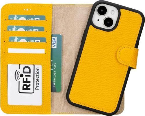 Apple iPhone 15 Uyumlu Deri Cüzdanlı Kılıf MWWN FL12 Sarı