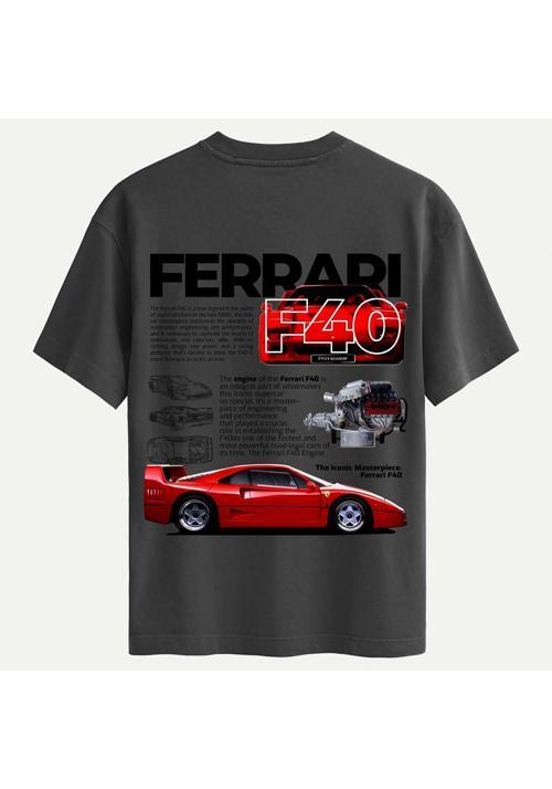 Unisex Bisiklet Yaka %100 Organik Pamuklu Kalın Dokulu Ferrari F40 Baskılı Oversize T-shirt - FÜME