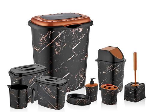 OZR-D053 X129 Siyah Mermer Desenli 9 Parça Plastik Banyo Seti