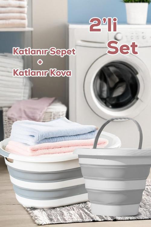 2li Katlanır Temizlik Seti - Katlanır Sepet 25lt - Katlanır Kova 10lt