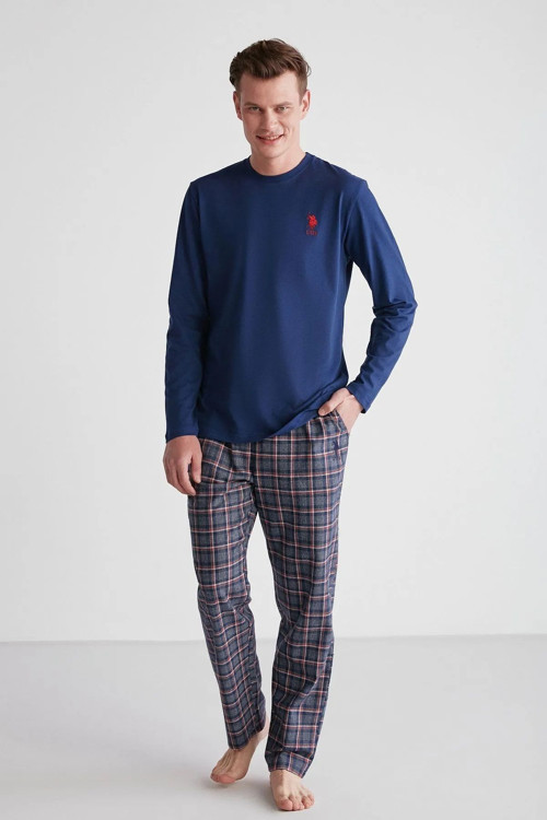 Us Polo Lisanslı Altı Ekoseli Bisklet Yaka Uzun Kollu Erkek Pijama Takım 18751