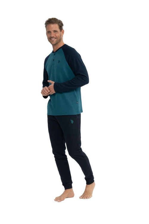 Erkek Uzun Kollu V Yaka Patlı Düğmeli Pijama Takımı