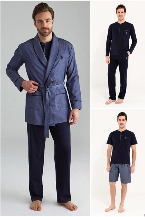 Us Polo Assn Erkek Lacivert Çeyiz Damat Pijama Takımı Röpdöşambırlı 5'Li 12000