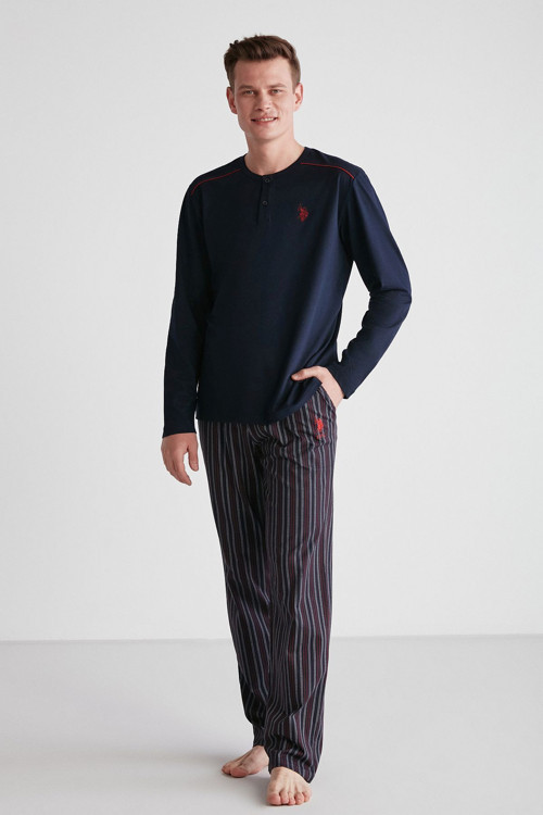 18738 Erkek Lacivert Patlı Uzun Kollu Pijama Takımı