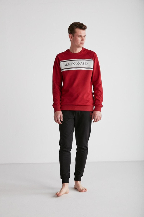 18717 Erkek Bordo Yuvarlak Yaka Uzun Kollu Pijama Takımı