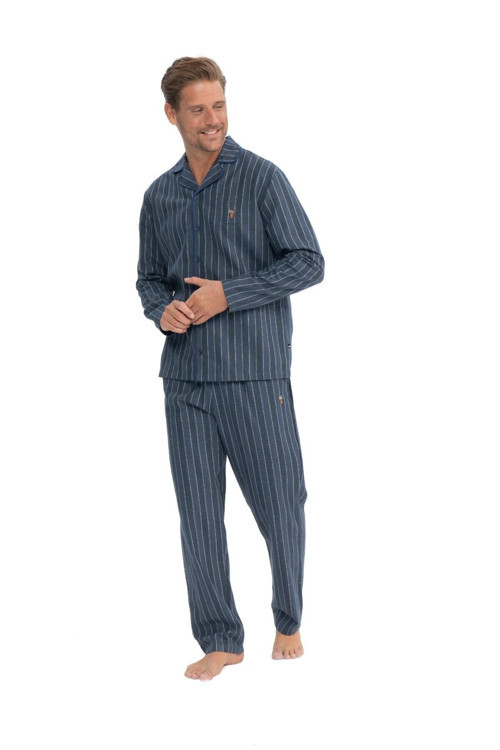 Erkek Dokuma Pijama Takım, Boydan Düğmeli Uzunkol Çizgili Pijama Takım