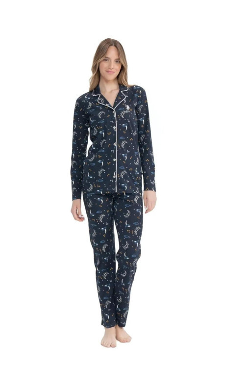 17119 Ay Yıldız Desenli Uzun Kollu Boydan Düğmeli Gömlek Pijama Takım
