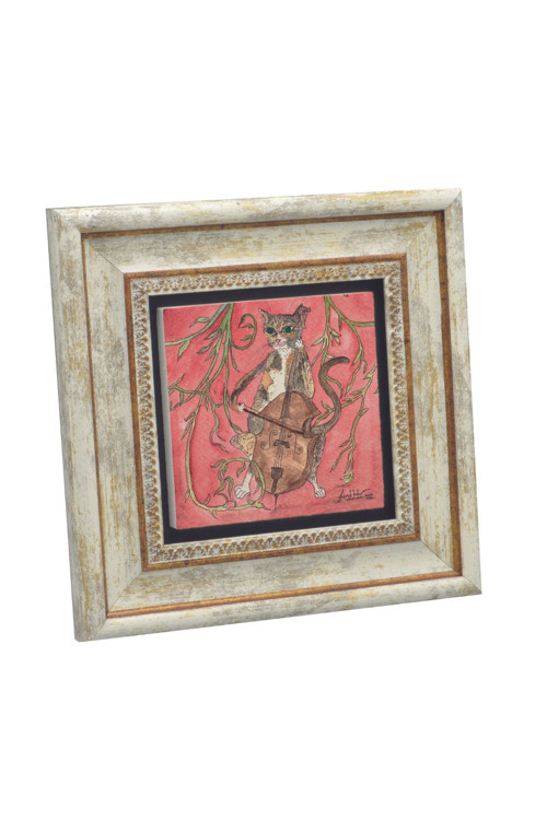 Çello Çalan Kedi Baskılı Doğaltaş Tablo (20x20 Krg-172)