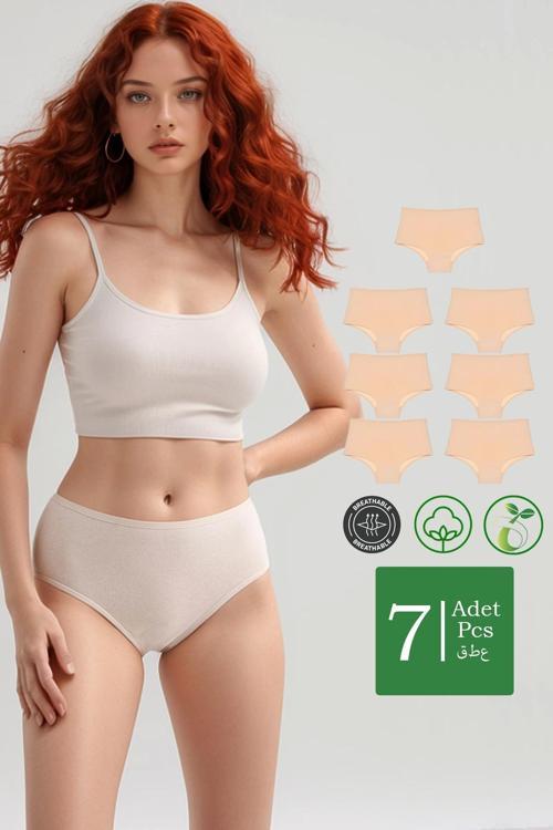 Yüksek Bel Pamuklu 7'Li Paket Bato Külot Ten