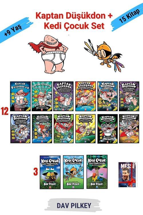 Altın Kitaplar Kaptan Düşükdon 12 Kitap+Kedi Çocuk 3 Kitap,Çizgi Roman Seti,15 Kitap Set, Dav Pılkey, Defter Hediye