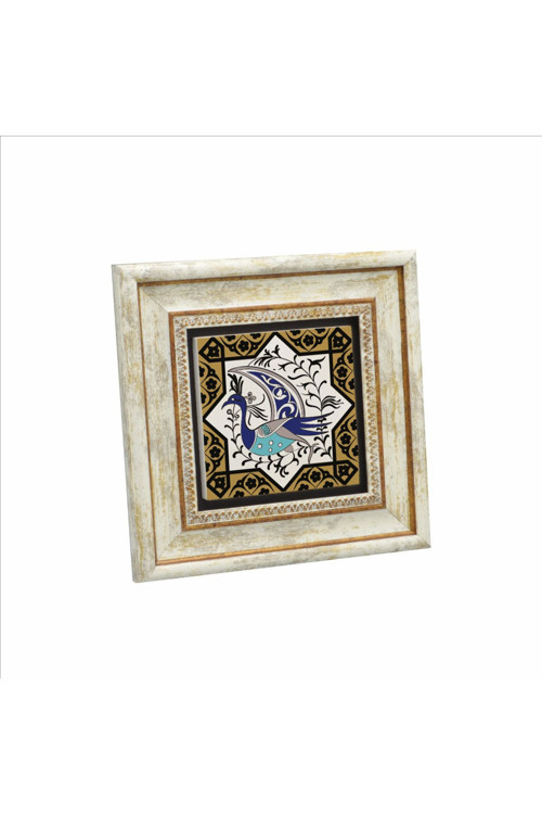 Tavus Kuşu Figürlü Anadolu Selçuklu Yıldız Motifi Baskılı Doğaltaş Tablo (20x20 Kd-31)