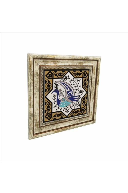 Tavus Kuşu Figürlü Anadolu Selçuklu Yıldız Motifi Baskılı Doğaltaş Tablo (25x25 Kd-31)