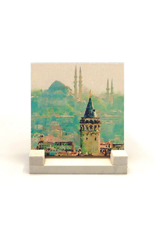 Galata Kulesi Ve Süleymaniye Camii Baskılı Doğaltaş Masaüstlük 10X10 Krt-23