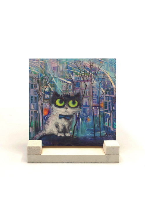İstanbul Kedisi Baskılı Doğaltaş Masaüstlük 10X10 Krt-66