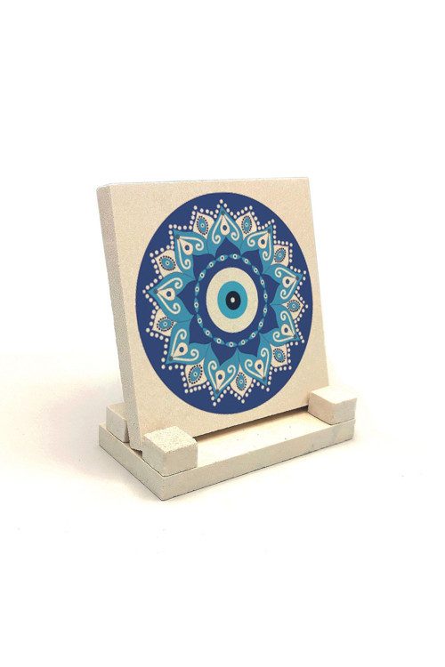 Nazar Boncuklu Desen Baskılı Doğaltaş Masaüstlük 10X10 Kd-57