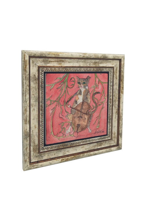Çello Çalan Kedi Baskılı Doğaltaş Tablo (25x25 Krg-172)