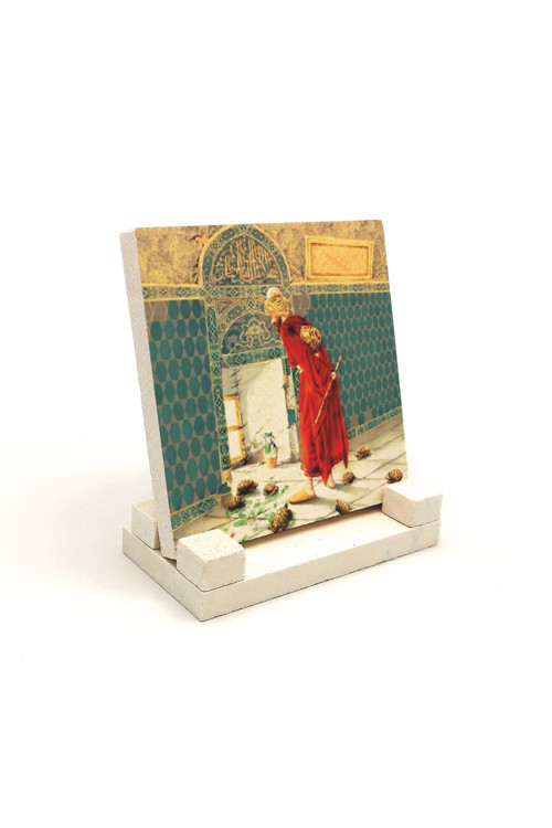 Kaplumbağa Terbiyecisi Resim Baskılı Doğaltaş Masaüstlük (10X10 Krt-127)