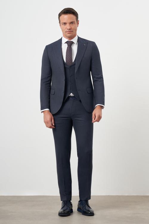  Erkek Lacivert Poliviskon Trend Yelekli Desenli Slim Fit Sivri Yaka Takım Elbise