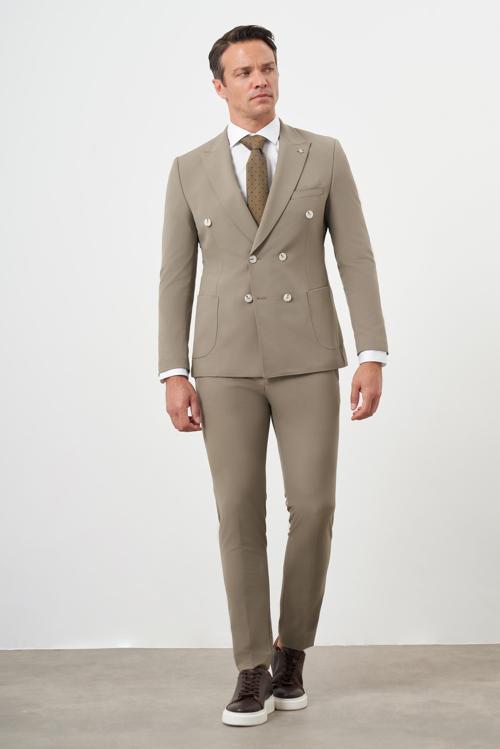 Erkek Vizon Polyamide Trend Kruvaze Slim Fit Sivri Yaka Takım Elbise