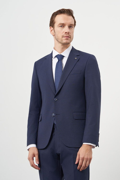 Erkek Lacivert Yün Slim Fit Mono Yaka Takım Elbise