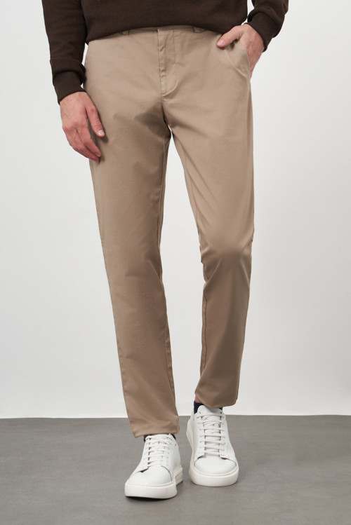 Erkek Vizon Pamuk Yan Cep Slim Fit Chino Pantolon