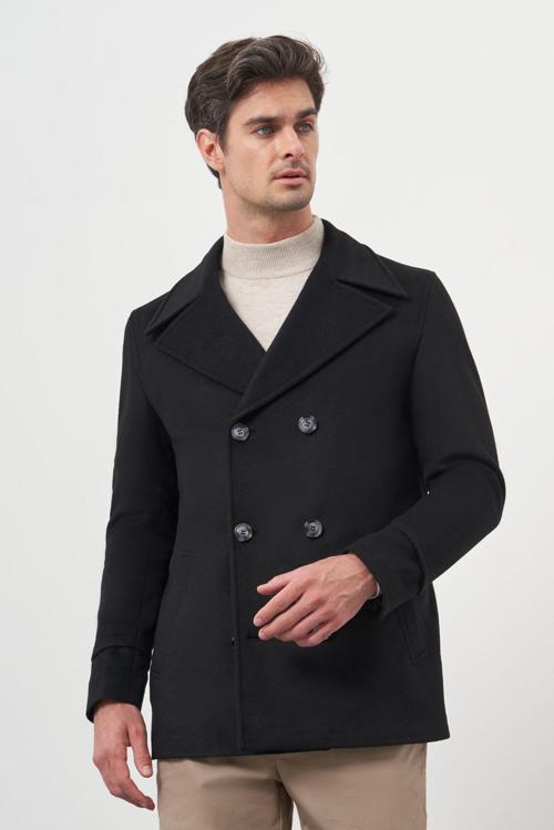 Erkek Siyah Yünlü Kruvaze Dynamic Fit Sivri Yaka Kaban