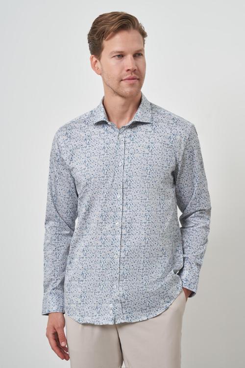  Erkek Mavi Pamuk Trend Slim Fit İtalyan Yaka Gömlek