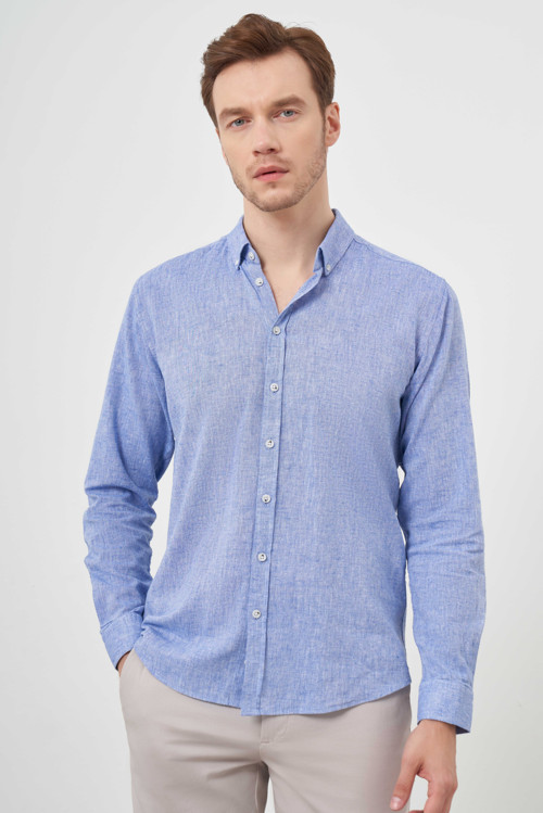 Erkek Lacivert Keten Düz Desen Düğmeli Yaka Slim Fit Gömlek