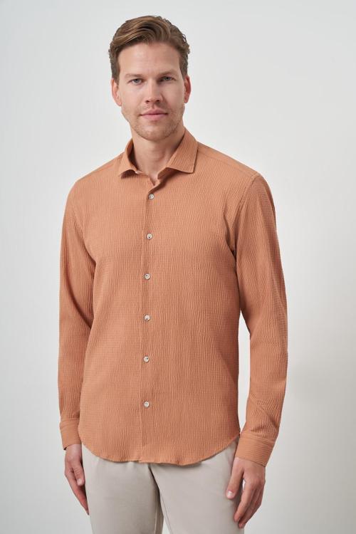 Erkek Tarçın Gofre Trend Desenli Dynamic Fit İtalyan Yaka Gömlek
