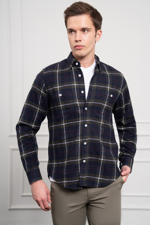 Erkek Haki Regular Fit Desenli Oduncu Gömlek